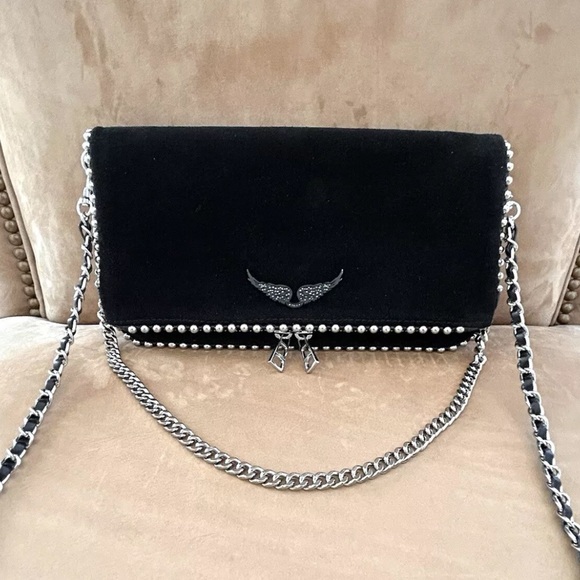 Zadig & Voltaire Rock Suede Studded Clutch Crossbody ShoulderBlack Silver Bag - Picture 1 of 16
